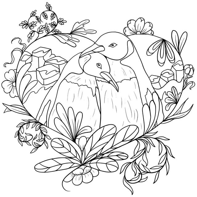 Penguins and Flowers in a Heart Shape