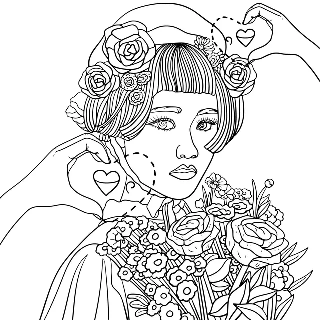 Lady Surrounded by Flowers and Hearts