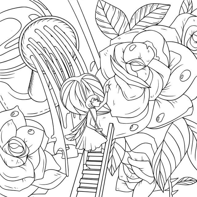 Girl climbing a ladder to admire roses