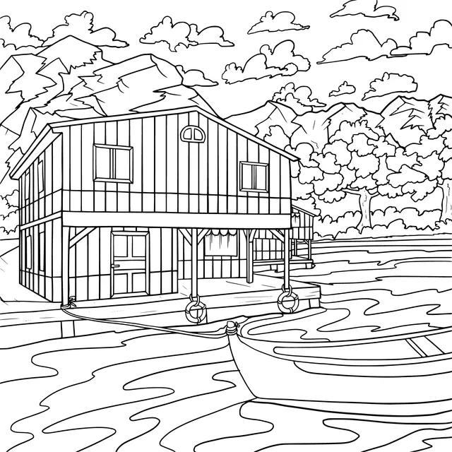 Wooden House by the Lake and a Boat