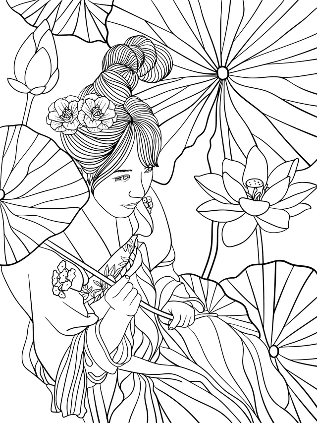 Woman in ancient costume among lotus