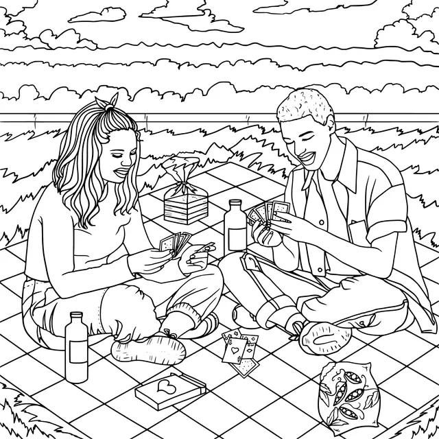 Couple having a picnic and playing cards