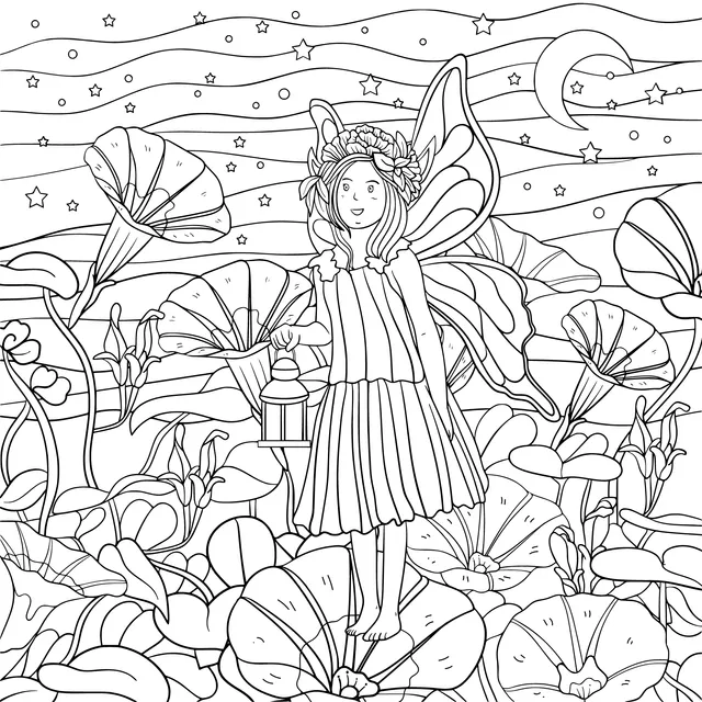A Fairy in the Flower - filled Garden under the Moonlit Night