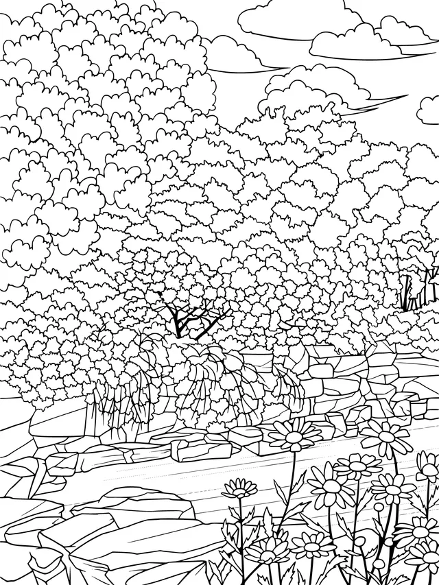 Flowers, plants and woods by the stream