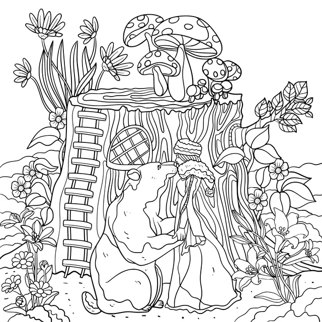 Bear and Lady beside the Stump Cottage