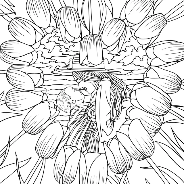 Kiss Surrounded by Tulips