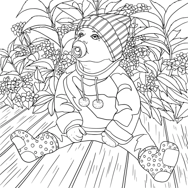 Baby sitting beside the flower - bed