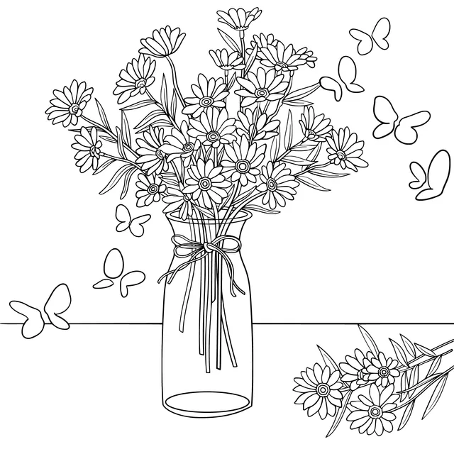 Colorful Flowers and Butterflies in Vases