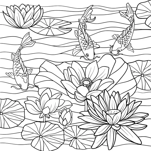 Koi Fish and Lotus Flowers
