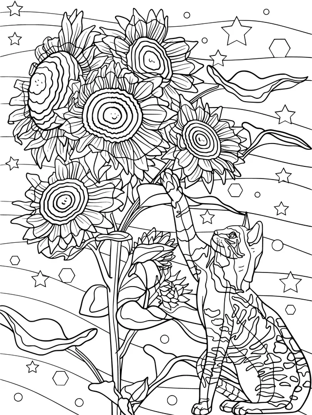Cat and Sunflowers