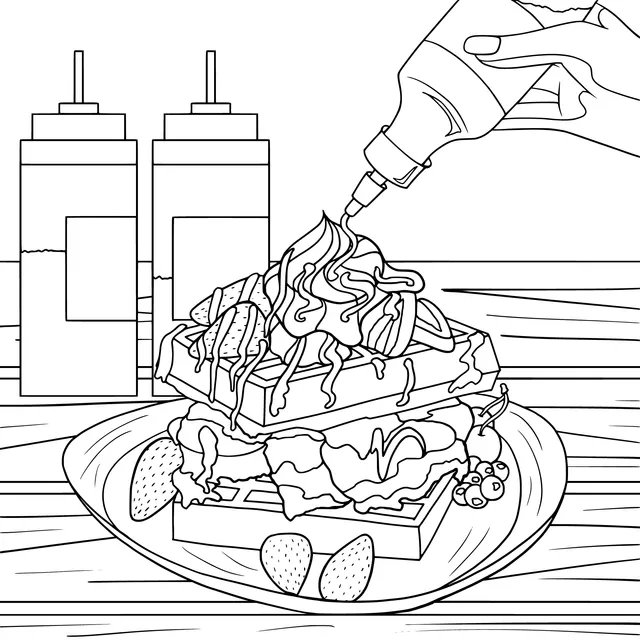 Waffles Being Topped with Sauce
