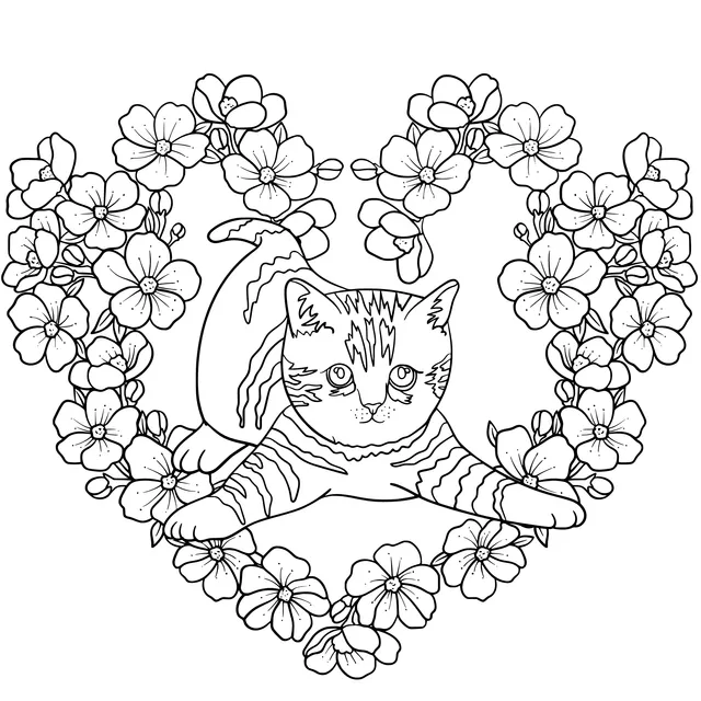 Cat in a Heart - shaped Flower Frame