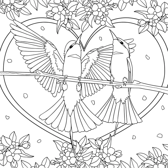 Two Birds on a Branch with Flower - filled Heart