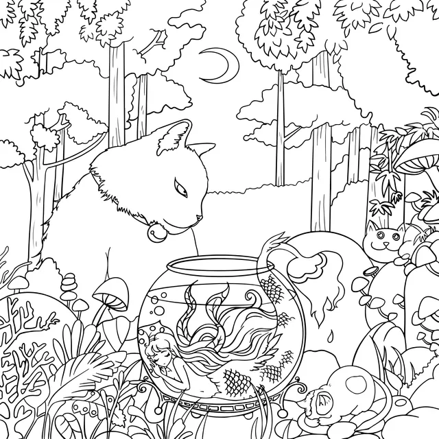 A Fantastic Scene in the Forest: A Cat and a Mermaid in an Aquarium