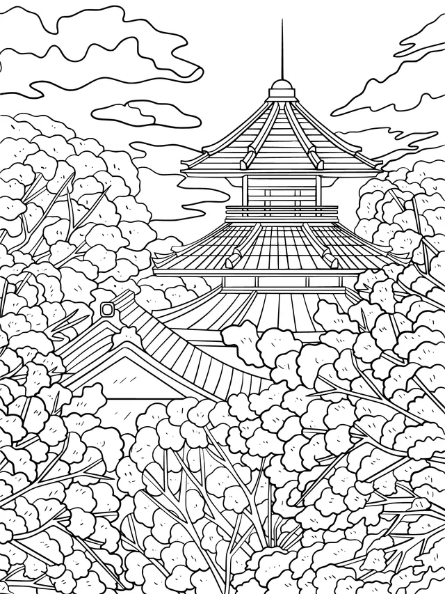 Pagoda Surrounded by Cherry Blossoms