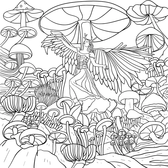 Winged Fairy in the Mushroom Grove