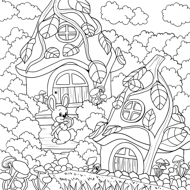 Fairy - tale Cottages and Rabbit in the Forest