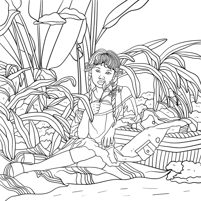 A girl in a pink dress resting among green plants