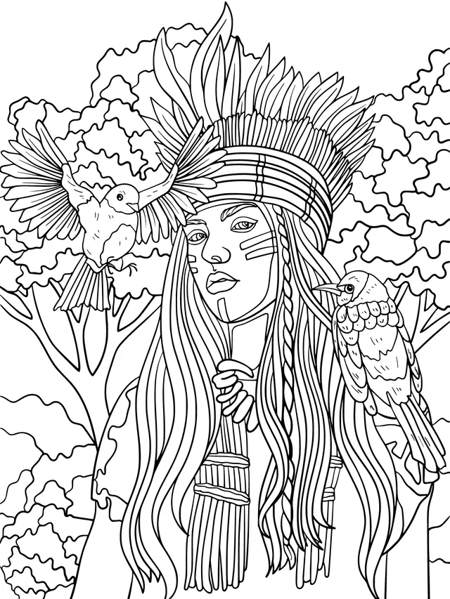 Woman with Feathered Headdress and Flying Birds