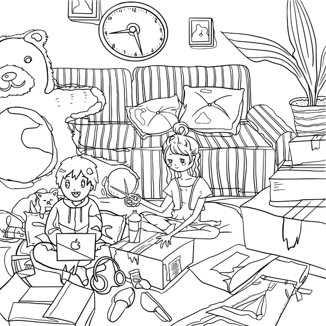 Happy scene of children unpacking parcels at home