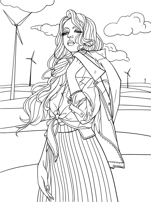 Fashionable Woman by the Wind - mill Field