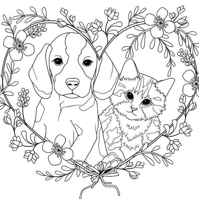 Dog and cat in a flower - wreath