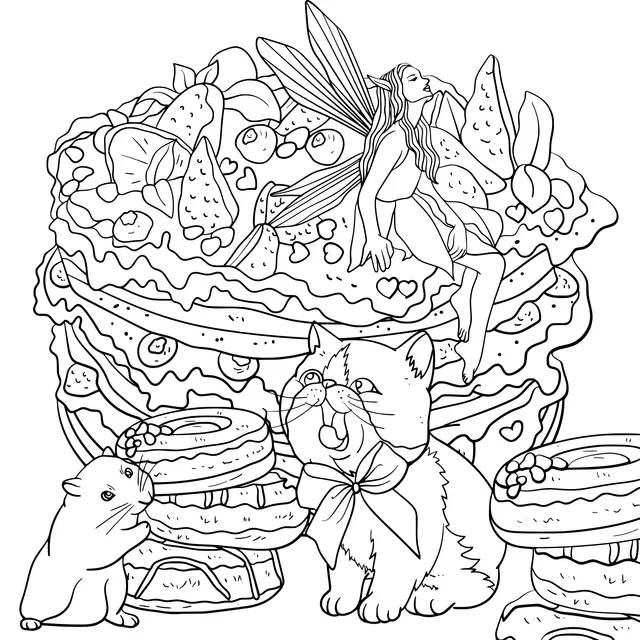 Fairy and Pets Surrounding a Cake