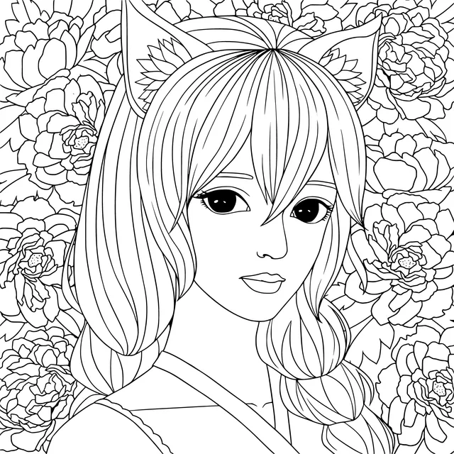 Cat - eared girl among flowers