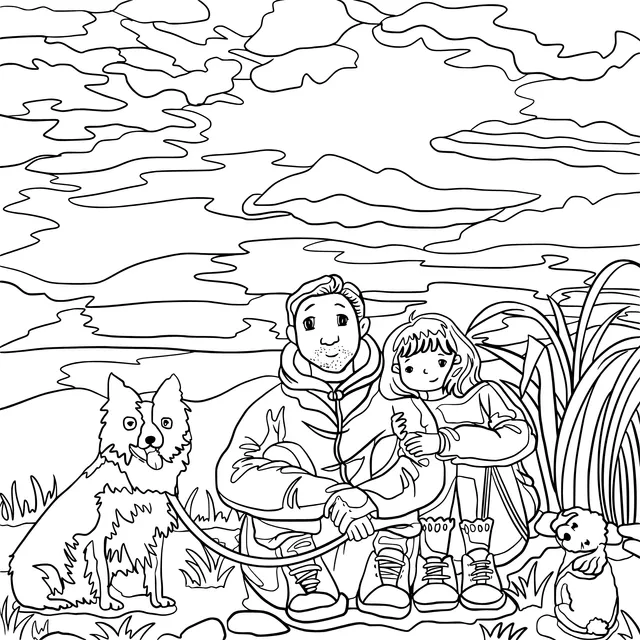 A warm moment of a father - daughter and their pets at sunset