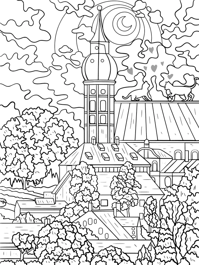 Town and Cats under the Moonlit Night