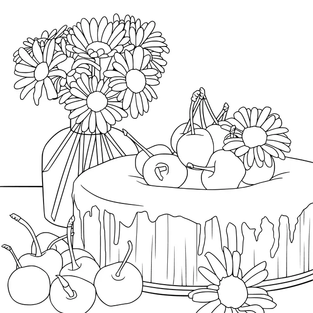 Cake Decorated with Daisies and Cherries