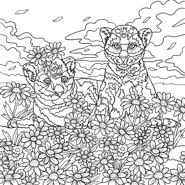 Two leopard cubs in the flower - filled meadow