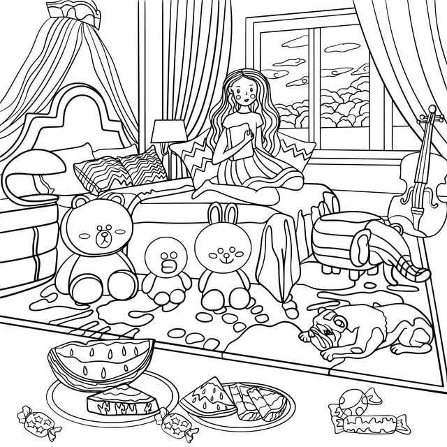 A girl's leisurely time with dolls in the room