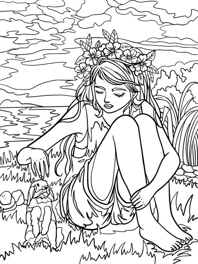 Girl with Flower Crown and White Rabbit