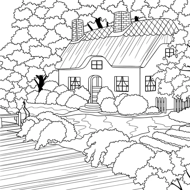 Cottage Surrounded by Flowers by the Lake