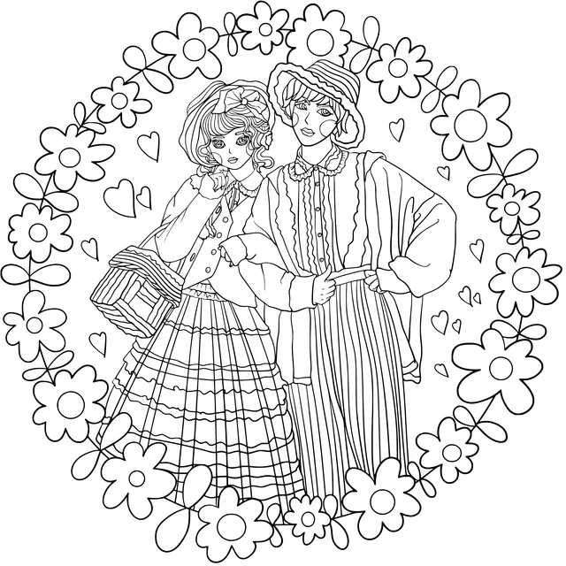 Two People in Retro Attire among Flowers