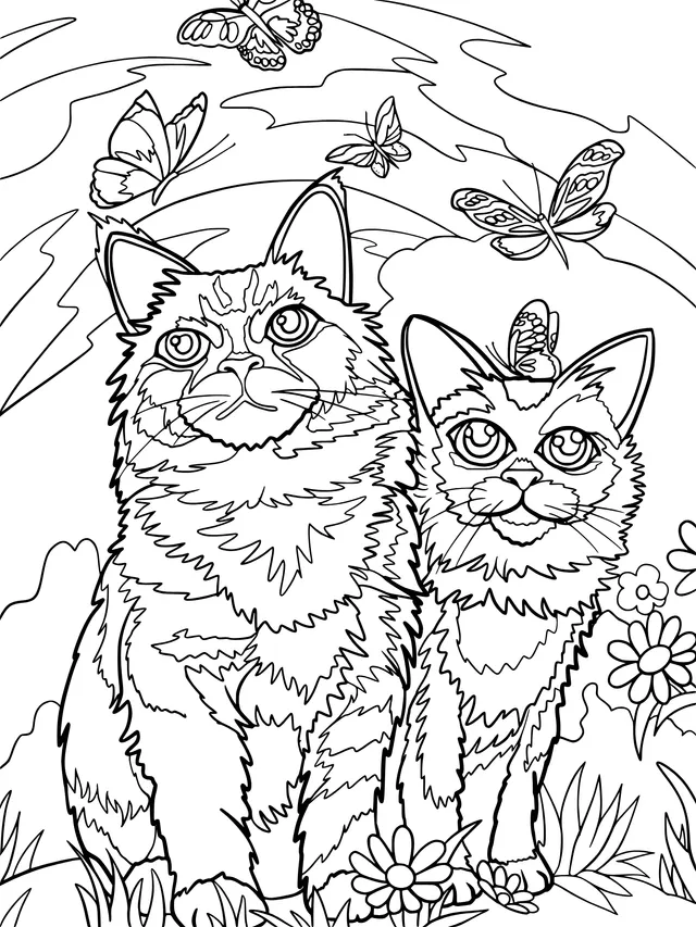 Two cats enjoying the scenery with butterflies