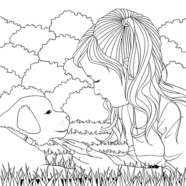 Intimate interaction between a girl and a puppy
