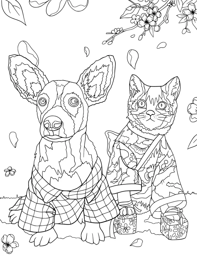 A dog and a cat in kimonos