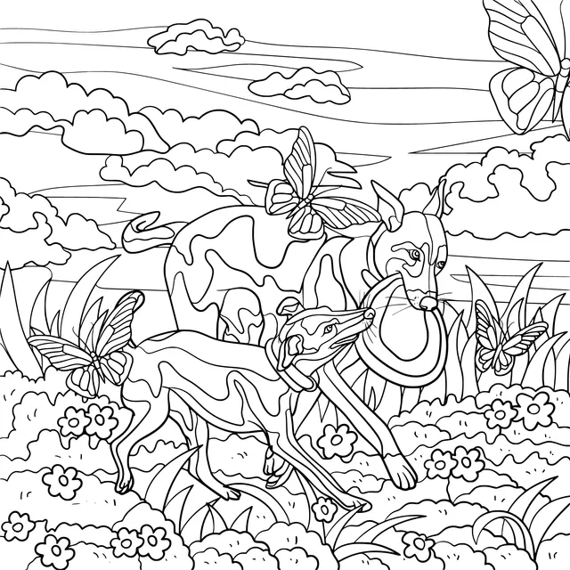 Dogs and Butterflies Playing in the Flower - filled Area