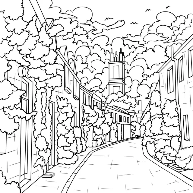 Street Surrounded by Green Trees and Distant Bell - tower