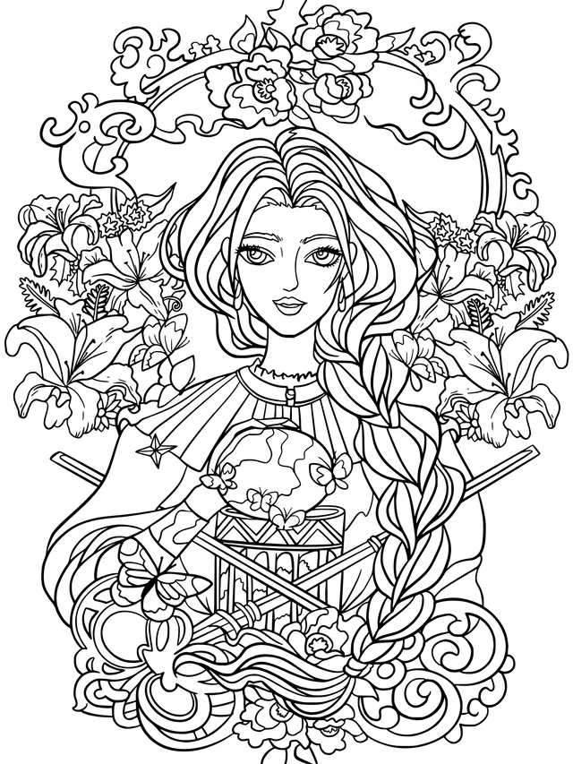 Woman with blue - hair holding swords surrounded by flowers