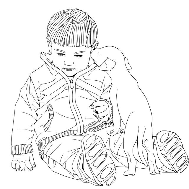 Intimate moment between a child and a puppy