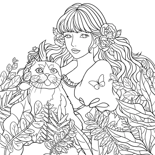 A Dreamy Moment of a Blue - haired Girl and a Cat