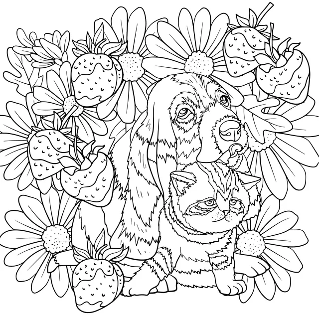 Dog and cat surrounded by flowers and strawberries