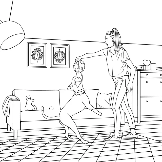 A woman plays with a dog at home