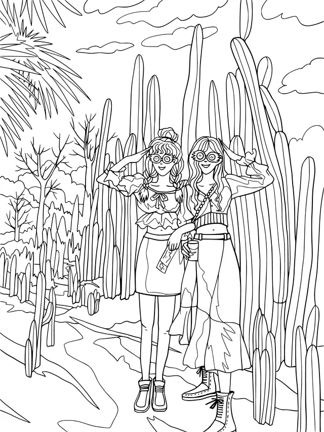 Two girls taking a photo in a cactus grove
