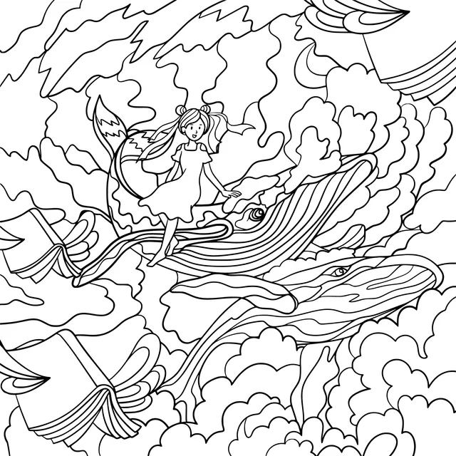 Girl Riding a Whale and Flying Books