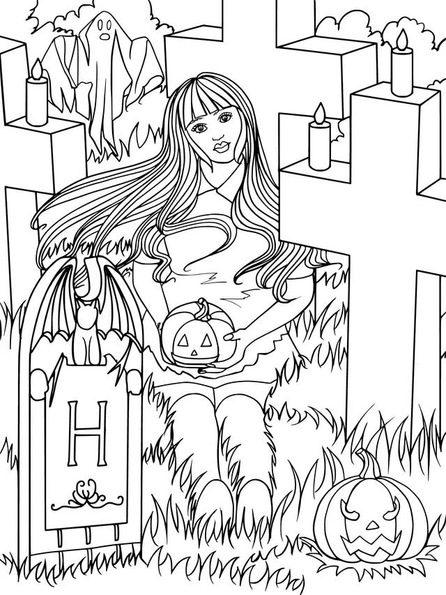 Halloween Girl in the Graveyard