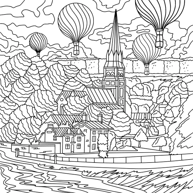 Scenery of a Town under Hot - air Balloons